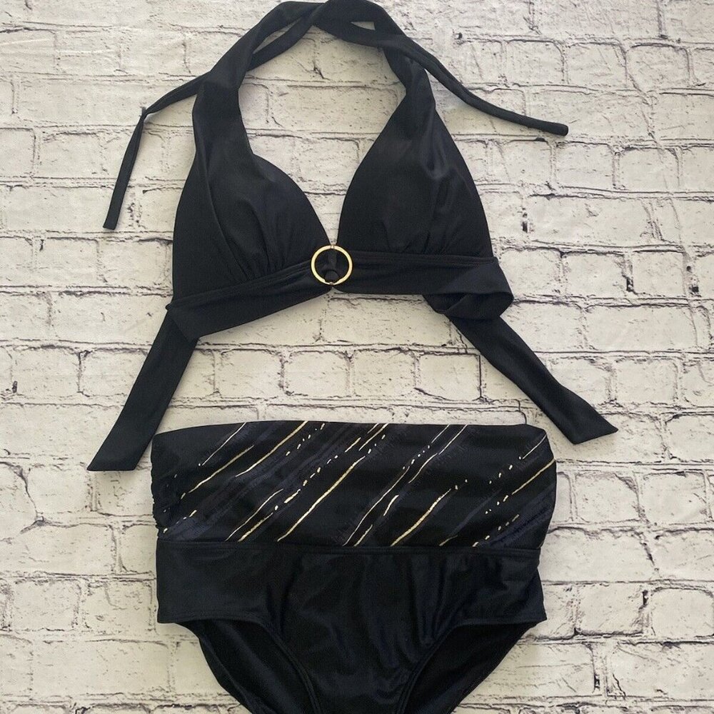 Simon Chang Vintage Black And Gold Bikini Padded Halter Top Size 10 Bond Girl EC - Picture 16 of 16